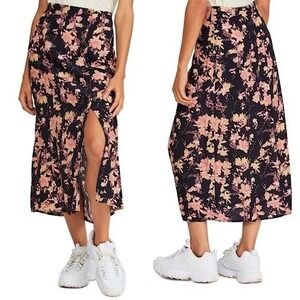 Free People size 4 Floral‎ Midi Skirt Button Front Slit Black Pink Casual Womens